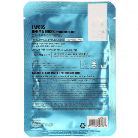 Lapcos, Hyaluronic Sheet Beauty Mask, Moisturizing, 1 Sheet, 0.84 fl oz (25 ml) - Supply Center USA