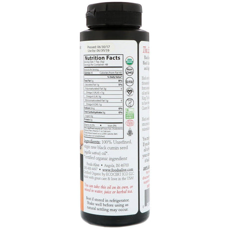 Foods Alive, Artisan Cold-Pressed, Organic Black Seed Oil, 8 fl oz (236 ml) - Supply Center USA