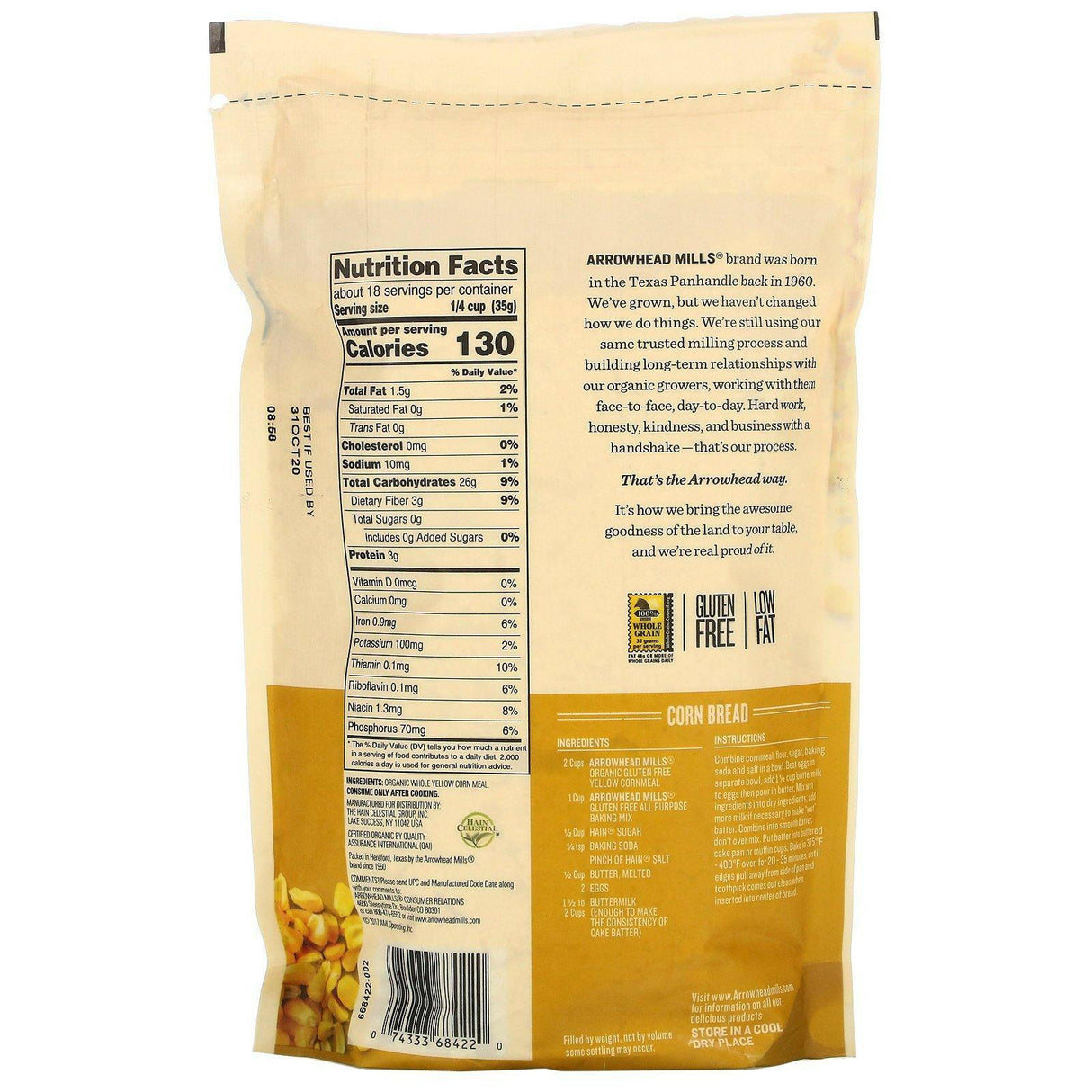 Arrowhead Mills, Organic Yellow Cornmeal, 22 oz (623 g) - Supply Center USA