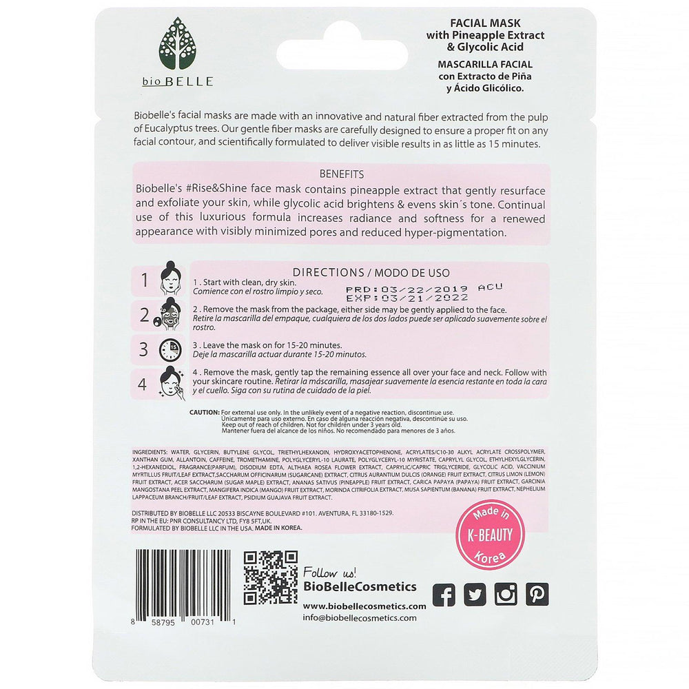 Biobelle, Botanic Fiber Facial Mask, Energizes & Illuminates, #Rise&Shine, 1 Sheet, 0.88 oz (25 g) - HealthCentralUSA