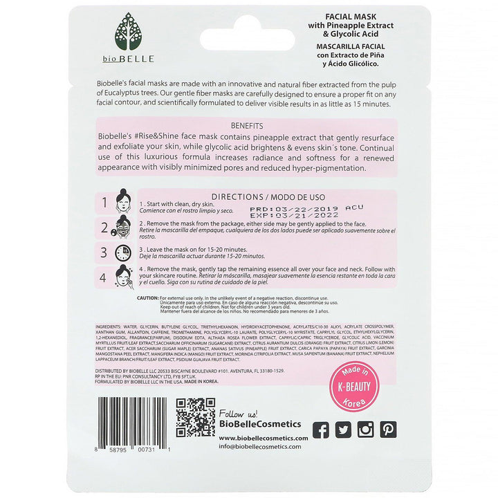 Biobelle, Botanic Fiber Facial Mask, Energizes & Illuminates, #Rise&Shine, 1 Sheet, 0.88 oz (25 g) - HealthCentralUSA