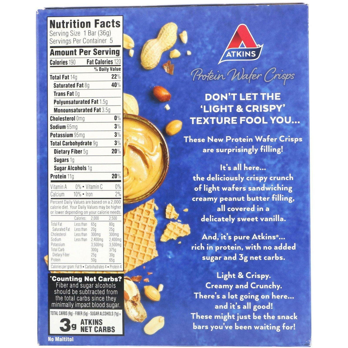 Atkins, Protein Wafer Crisps, Peanut Butter, 5 Bars, 1.27 oz (36 g) Each - Supply Center USA