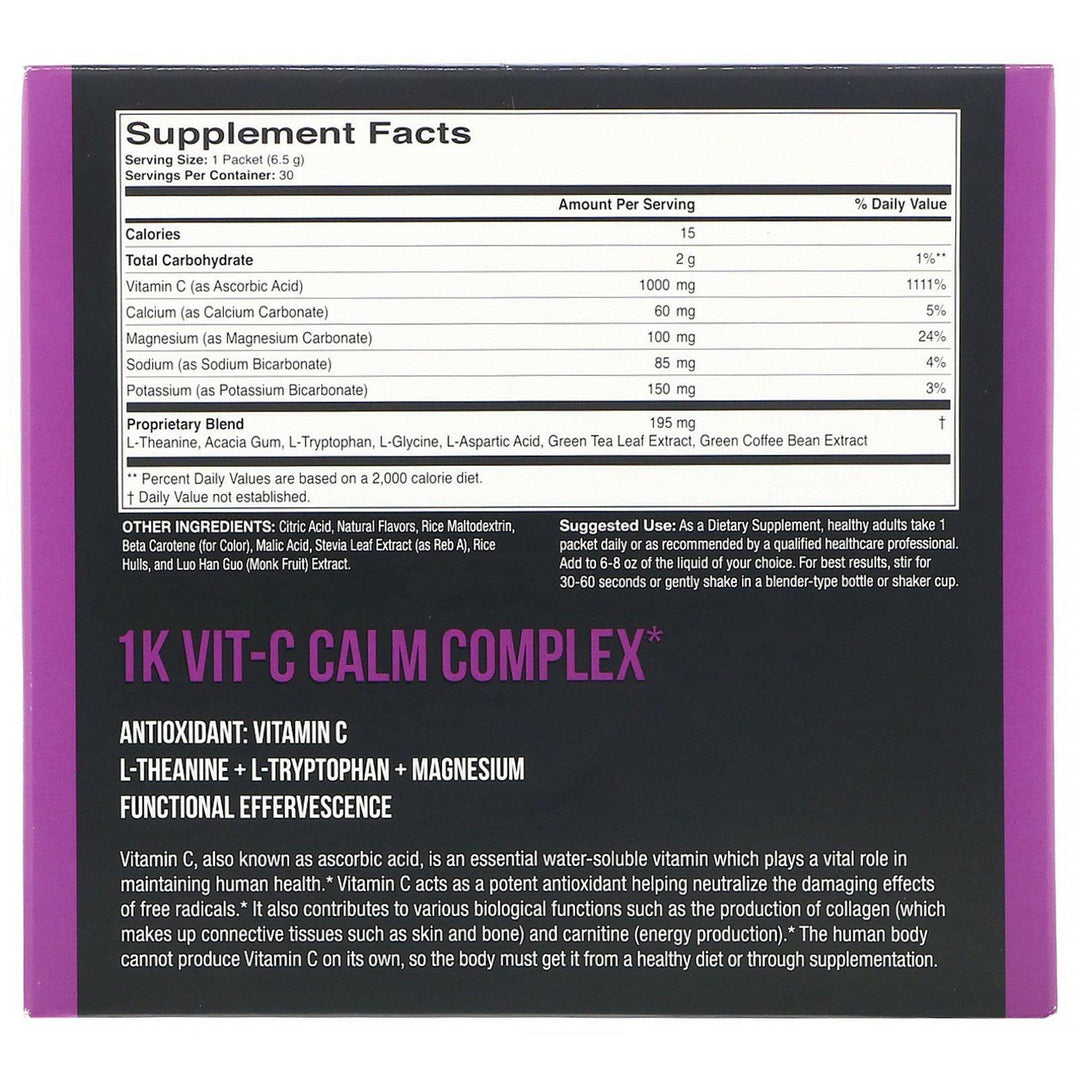 1Kvit-C, Vitamin C, Calm, Effervescent Drink Mix, Natural Orange Flavor, 1,000 mg, 30 packets. 0.23 oz (6.50 g) Each - HealthCentralUSA