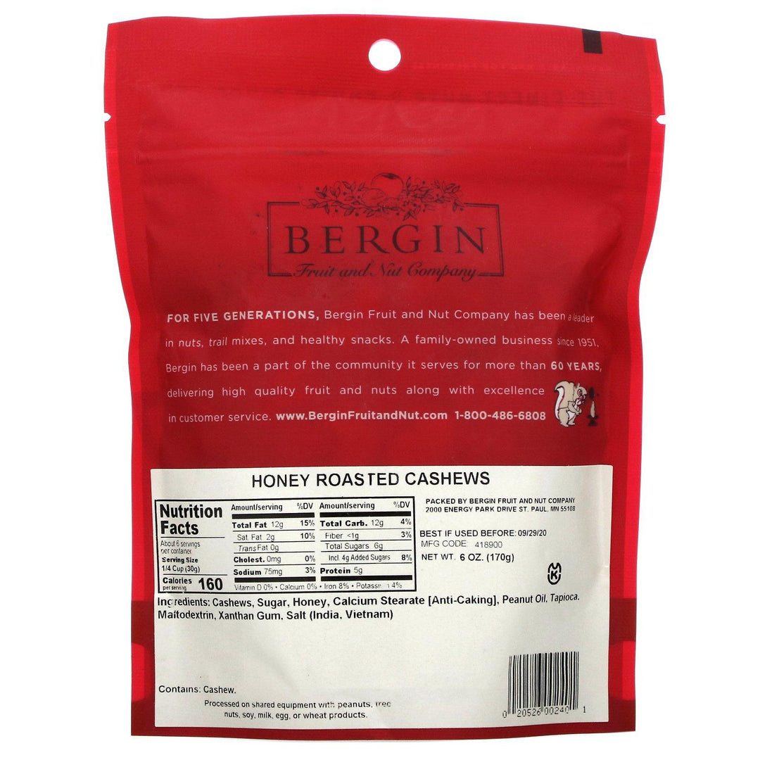 Bergin Fruit and Nut Company, Honey Roasted Cashews, 6 oz (170 g) - HealthCentralUSA