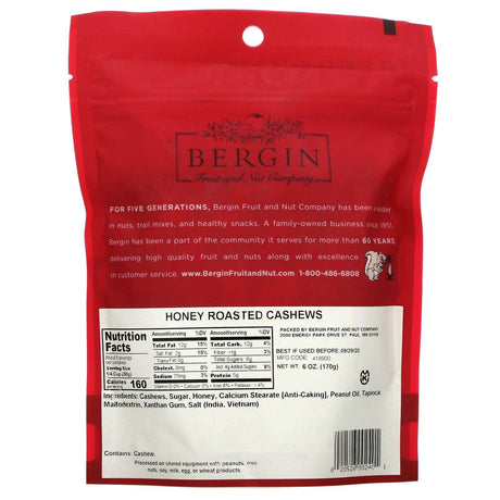 Bergin Fruit and Nut Company, Honey Roasted Cashews, 6 oz (170 g) - Supply Center USA