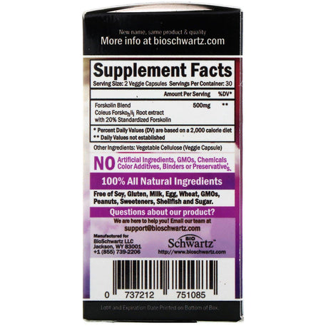 BioSchwartz, Maximum Strength, Forskolin Weight Loss, 250 mg, 60 Veggie Caps - Supply Center USA