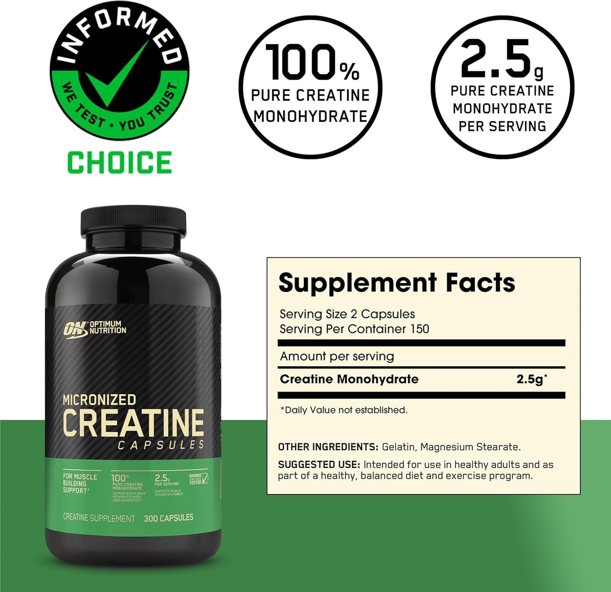Optimum Nutrition Micronized Creatine Monohydrate Capsules, Keto Friendly, 2500Mg, 300 Capsules (Packaging May Vary)
