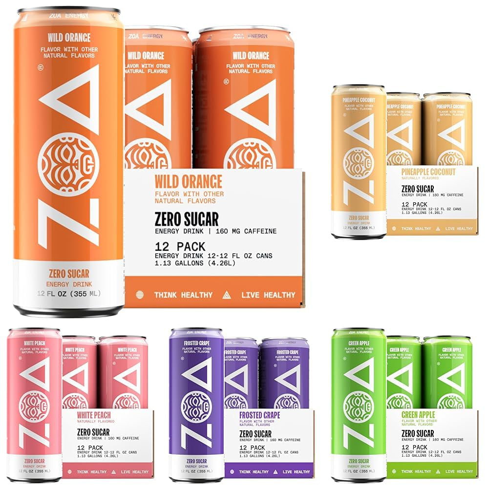 ZOA Zero Sugar Energy Drinks, Variety Pack - Sugar Free with Electrolytes, Healthy Vitamin C, Amino Acids, Essential B-Vitamins, and Caffeine from Green Tea - 12 Fl Oz (12-Pack)