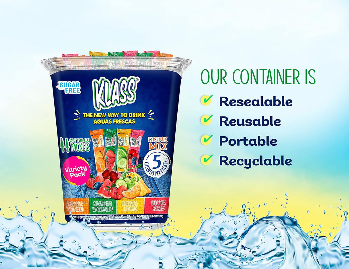 Klass Aguas Frescas Powdered Drink Mix | 44 Sugar Free Powder Packets | Flavors - Cucumber Limeade Pineapple Tangerine Strawberry Watermelon & Hibiscus Berries - Water Enhancer to Go!