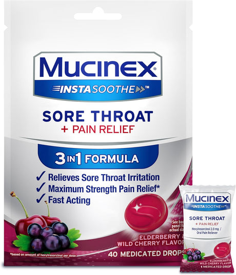 Mucinex Instasoothe Sore Throat Relief, Sore Throat Lozenges, Sore Throat Medicine with Hexylresorcinol, Cough Drops Alternative, 40 Elderberry & Wild Cherry Medicated Numbing Throat Drops