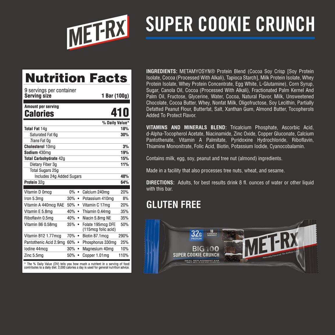 Met-Rx Big 100 Protein Bar, Meal Replacement Bar, 32G Protein, Super Cookie Crunch, 9 Bars (Pack of 1)