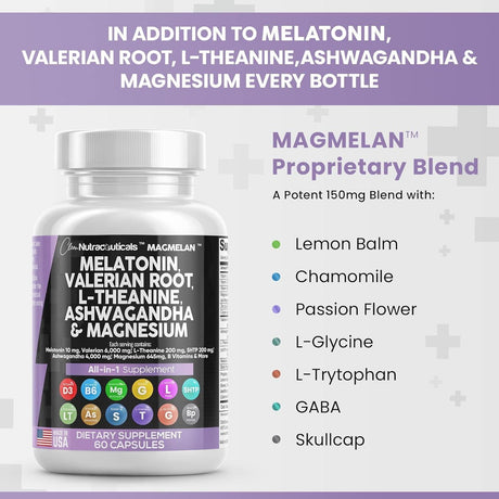 Clean Nutraceuticals Melatonin 10Mg Valerian Root 6000Mg L Theanine 200Mg Ashwagandha 4000Mg - Sleep Support for Women & Men with Magnesium Complex, Lemon Balm, Chamomile, & Passion Flower - 60 Caps - Supply Center USA