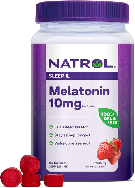 Natrol Melatonin Gummies, Sleep Support for Adults, 10 Mg Melatonin Supplement for Sleeping, 140 Strawberry-Flavored Gummies, up to a 70 Day Supply