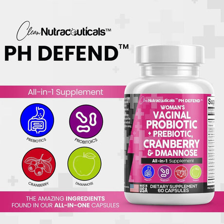 Clean Nutraceuticals Vaginal Probiotics for Women + Prebiotics 20 Billion Cranberry Pills 30,000Mg W/D-Mannose 500 Mg for Urinary Tract Health Ph Balance - Womens Vitamins for Vaginal Health - Supply Center USA