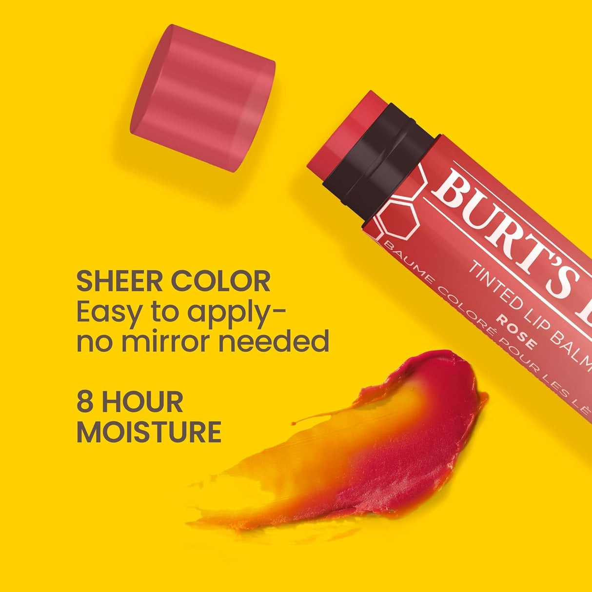 Burt’S Bees Tinted Lip Balm Rose; 8 Hour Moisture; Provides a Hint of Color; Nourishing Shea Butter; 100% Natural Origin; 1 Tube; 0.15 Oz. (Package May Vary)