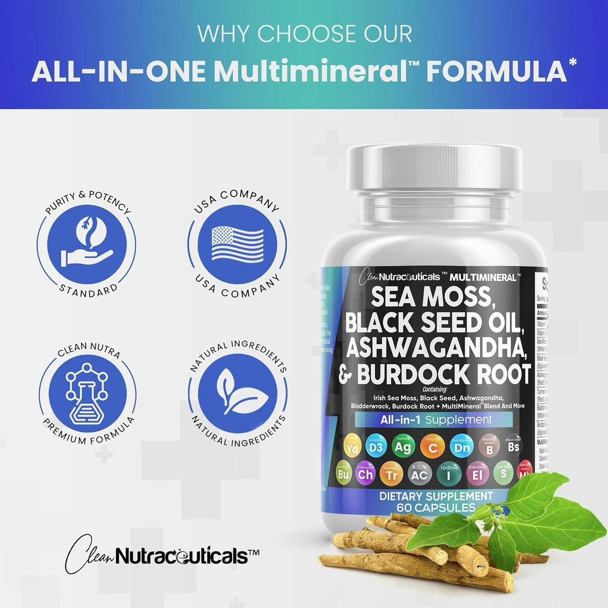 Sea Moss 3000Mg Black Seed Oil 2000Mg Ashwagandha 1000Mg Turmeric 1000Mg Bladderwrack 1000Mg Burdock & Vitamin C Vitamin D3 with Elderberry Manuka Dandelion Yellow Dock Iodine Chlorophyll ACV - 2Pack - Supply Center USA