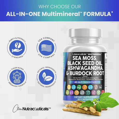 Sea Moss 3000Mg Black Seed Oil 2000Mg Ashwagandha 1000Mg Turmeric 1000Mg Bladderwrack 1000Mg Burdock 1000Mg & Vitamin C & D3 with Elderberry Manuka Dandelion Yellow Dock Iodine Chlorophyll ACV - Supply Center USA