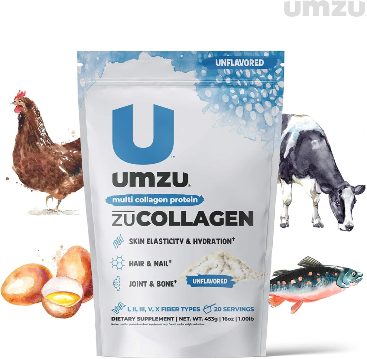 UMZU Zucollagen Hydrolyzed Protein Powder | 5 Collagen Peptide Types for Healthy Hair, Skin, Nails, Joints & Gut | Low Calorie, High Protein (20G Protein per Serving | Unflavored)