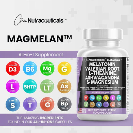 Clean Nutraceuticals Melatonin 10Mg Valerian Root 6000Mg L Theanine 200Mg Ashwagandha 4000Mg - Sleep Support for Women & Men with Magnesium Complex, Lemon Balm, Chamomile, & Passion Flower - 60 Caps - Supply Center USA