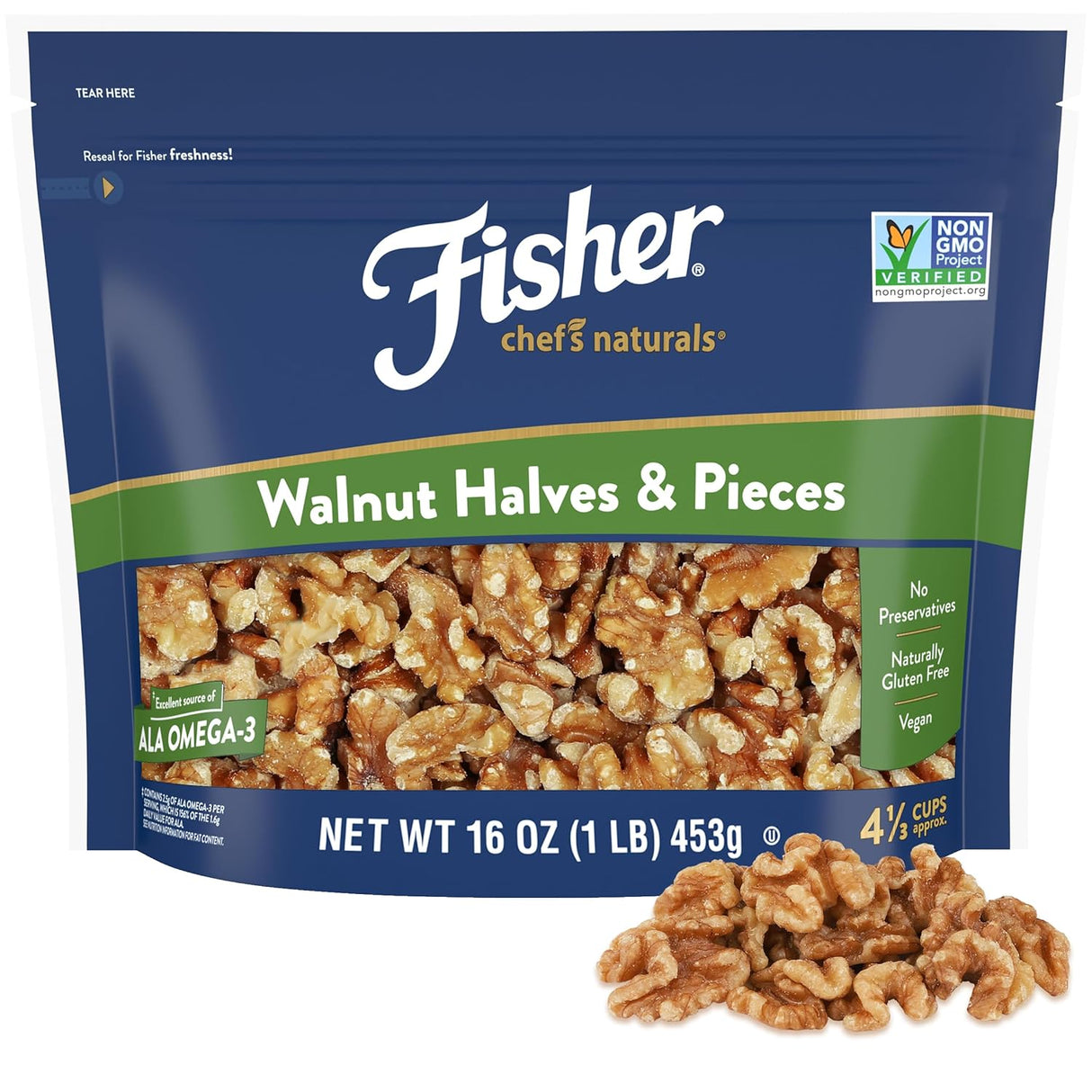 Fisher Chef'S Naturals Walnut & Pieces, Naturally Gluten Free, No Preservatives, Non-Gmo, Halves, 16 Oz