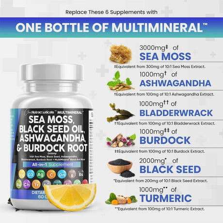 Sea Moss 3000Mg Black Seed Oil 2000Mg Ashwagandha 1000Mg Turmeric 1000Mg Bladderwrack 1000Mg Burdock & Vitamin C Vitamin D3 with Elderberry Manuka Dandelion Yellow Dock Iodine Chlorophyll ACV - 2Pack - Supply Center USA