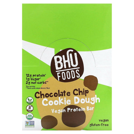 BHU Foods, Vegan Protein Bar, Chocolate Chip Cookie Dough, 12 Bars, 1.6 oz (45 g) Each - Supply Center USA