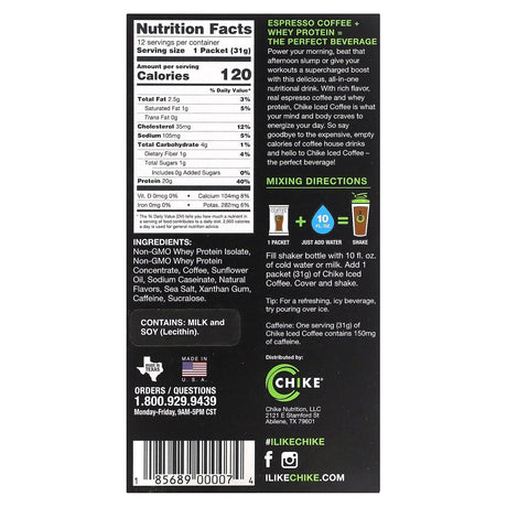 Chike Nutrition, High Protein Iced Coffee, Original, 12 Packets, 1.08 oz (31 g) Each - Supply Center USA