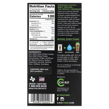 Chike Nutrition, High Protein Iced Coffee, Cinnamon, 12 Packets, 1.06 oz (30 g) Each - Supply Center USA