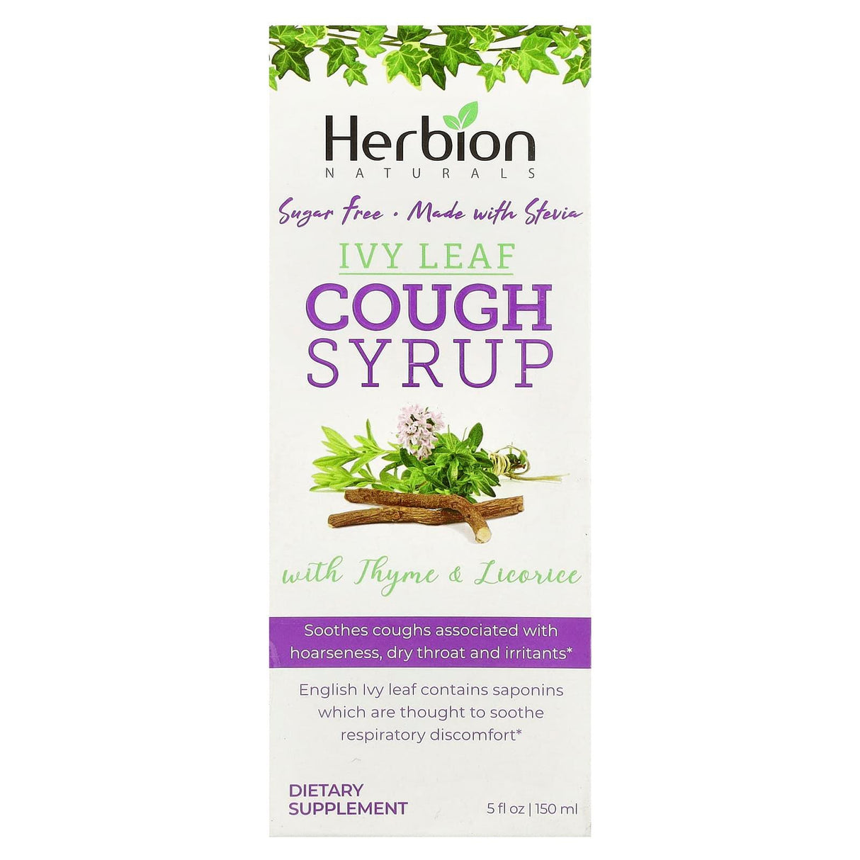 Herbion Naturals, Naturals, Ivy Leaf Cough Syrup With Thyme & Licorice, Sugar Free, 5 fl oz (150 ml) - Supply Center USA