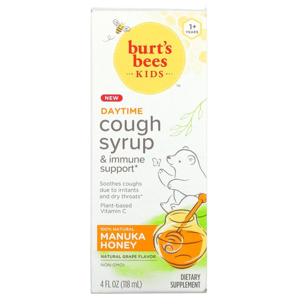 Burt's Bees, Kids, Cough Syrup & Immune Support, Daytime, 1+ Years, Natural Grape, 4 fl oz (118 ml) - Supply Center USA