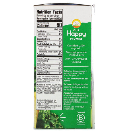 Happy Family Organics, Happy Tot, Stage 4, Love My Veggies, Organic Zucchini, Pears, Chickpeas & Kale, 4 Pouch, 4.22 oz (120 g) Each - Supply Center USA