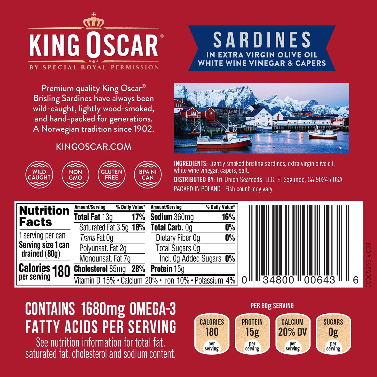 King Oscar, Wild Caught, Sardines In Extra Virgin Olive Oil, White Wine Vinegar & Capers, 3.75 oz (106 g) - Supply Center USA