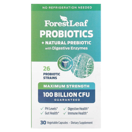 Forest Leaf, Probiotics + Natural Prebiotic with Digestive Enzymes, Maximum Strength, 30 Vegetarian Capsules - Supply Center USA