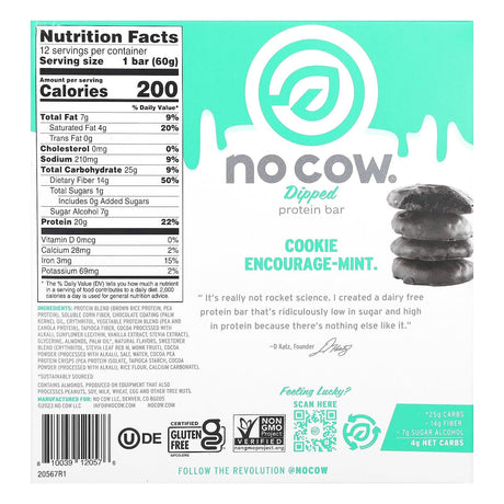 No Cow, Dipped Protein Bar, Chocolate Mint Cookie, 12 Bars, 2.12 oz (60 g) Each - Supply Center USA