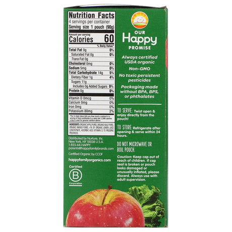 Happy Family Organics, Happy Kid, Organic Apple, Kale & Mango, 4 Pouches, 3.17 oz (90 g) Each - Supply Center USA