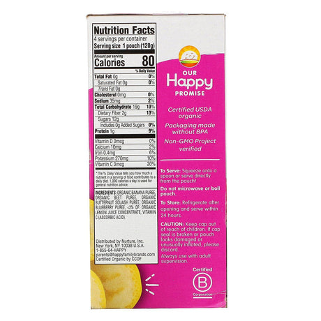 Happy Family Organics, Happy Tot, Stage 4, Love My Veggies, Organic Bananas, Beet, Squash & Blueberries, 4 Pouches, 4.22 oz (120 g) Each - Supply Center USA