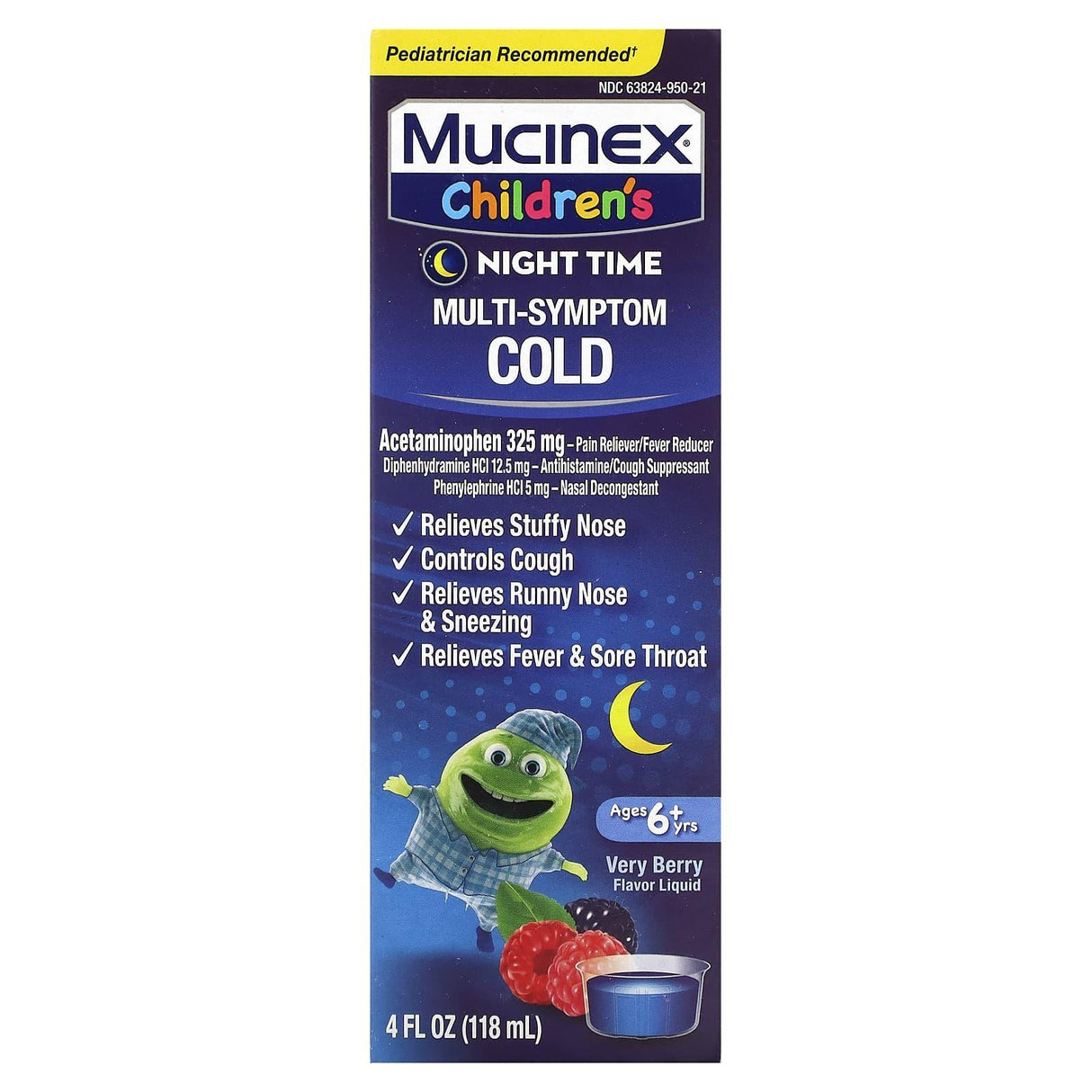 Mucinex, Children's, Multi-Symptom Cold, Night Time, Ages 6+ Yrs, Very Berry, 4 fl oz (118 ml) - Supply Center USA