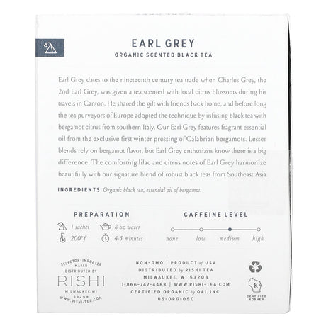 Rishi Tea, Earl Grey, Organic Scented Black Tea, 15 Sachets, 1.58 oz (45 g) - Supply Center USA