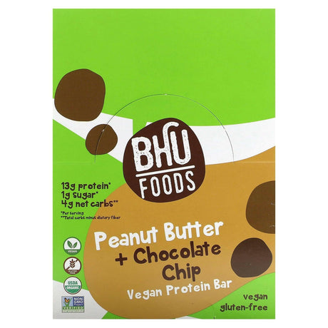 BHU Foods, Vegan Protein Bar, Peanut Butter + Chocolate Chip, 12 Bars, 1.6 oz (45 g) Each - Supply Center USA