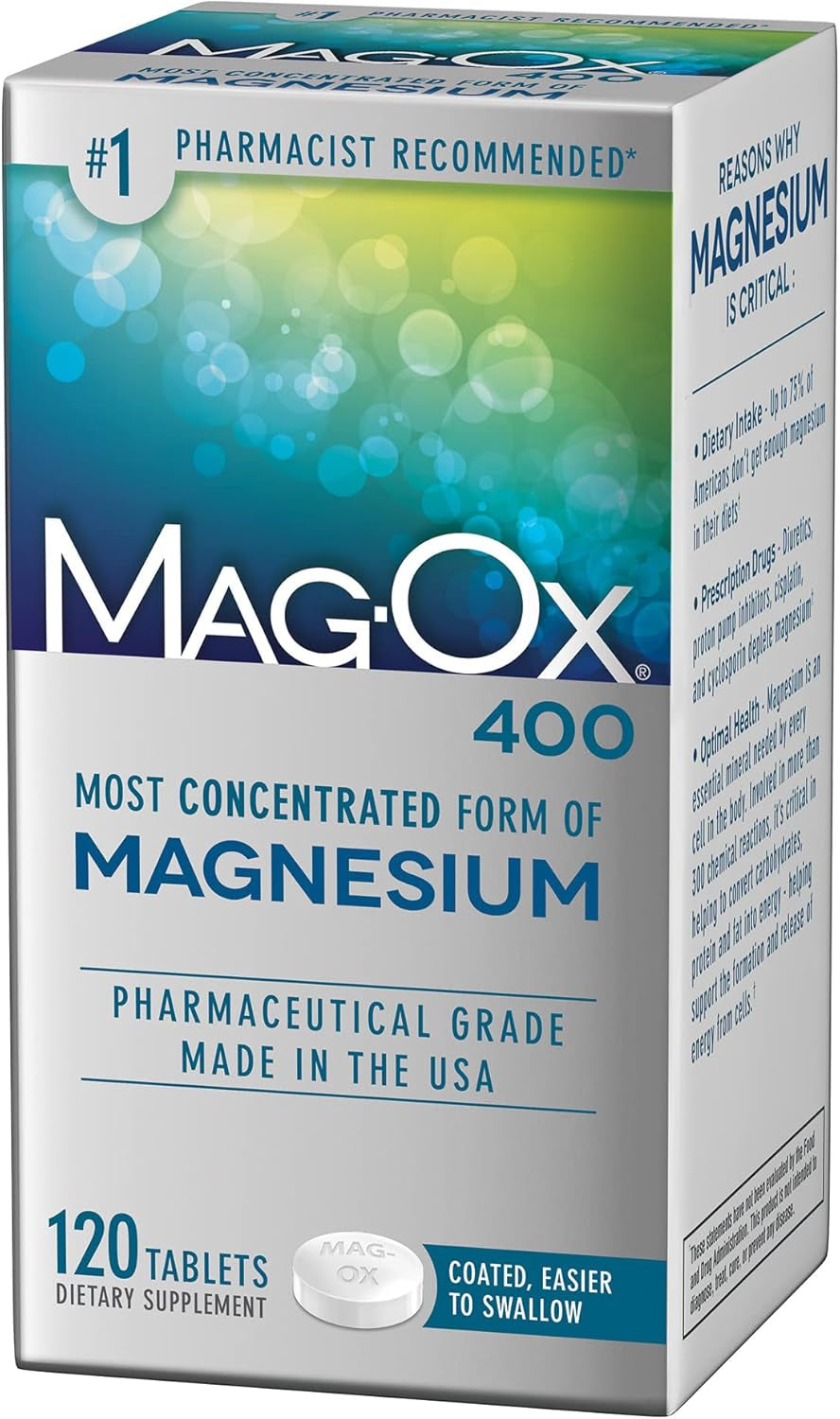 Mag-Ox 400 Magnesium Supplement, Pharmaceutical Grade Magnesium Oxide, Most Concentrated Form of Magnesium, 483Mg, 240 Tablets (2 Packs of 120 Tablets)