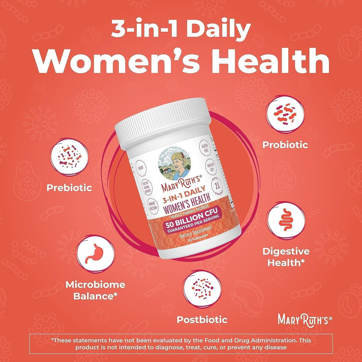 Maryruth Organics 3-In-1 Daily Health Probiotics for Women | Clinically Tested | Hormone Support & Gut Health Supplement for Women | Supplement for Women | 50 Billion CFU | Allergen Free | 30 Ct - Supply Center USA