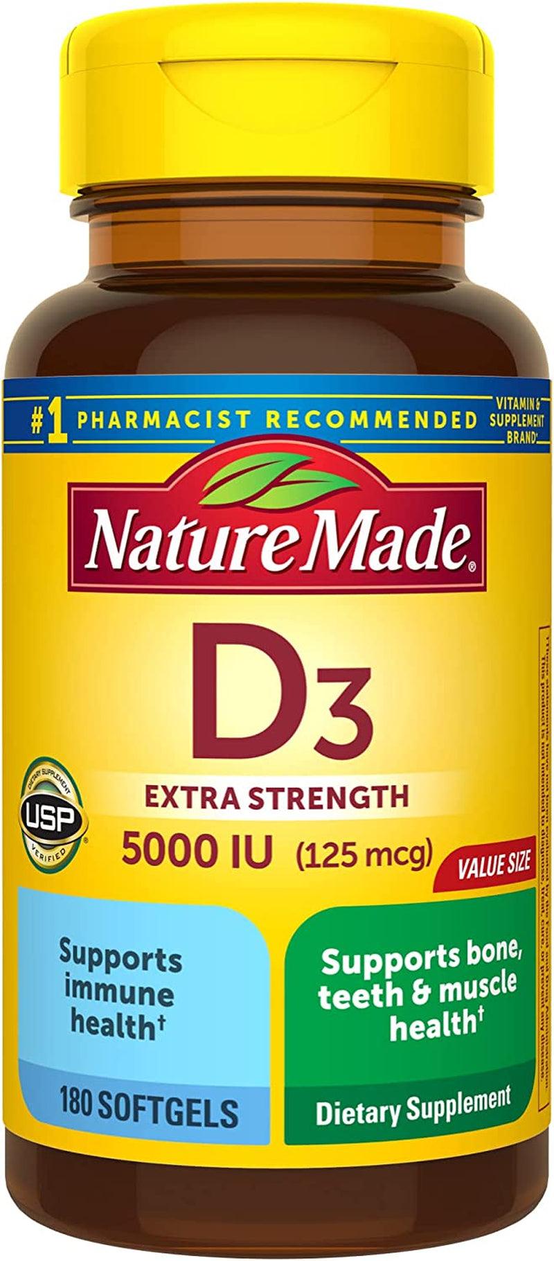 Nature Made Extra Strength Vitamin D3 5000 IU (125 Mcg), Dietary Supplement for Bone, Teeth, Muscle and Immune Health Support, 180 Softgels, 180 Day Supply - Supply Center USA