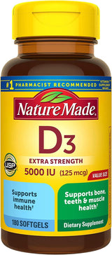 Nature Made Extra Strength Vitamin D3 5000 IU (125 Mcg), Dietary Supplement for Bone, Teeth, Muscle and Immune Health Support, 180 Softgels, 180 Day Supply - Supply Center USA