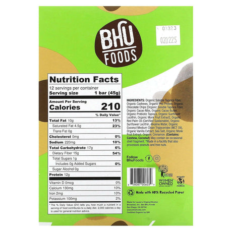 BHU Foods, Vegan Protein Bar, Chocolate Chip Cookie Dough, 12 Bars, 1.6 oz (45 g) Each - Supply Center USA