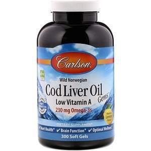 Carlson Labs, Wild Norwegian, Cod Liver Oil Gems, Low Vitamin A, Natural Lemon Flavor, 300 Soft Gels - Supply Center USA