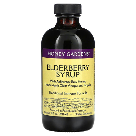 Honey Gardens, Elderberry Syrup with Apitherapy Raw Honey, Organic Apple Cider Vinegar, and Propolis , 4 fl oz (120 ml) - Supply Center USA