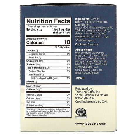 Teeccino, Prebiotic Herbal Tea, Macadamia Nut, Caffeine Free, 10 Tea Bags, 2.12 oz (60 g) - Supply Center USA