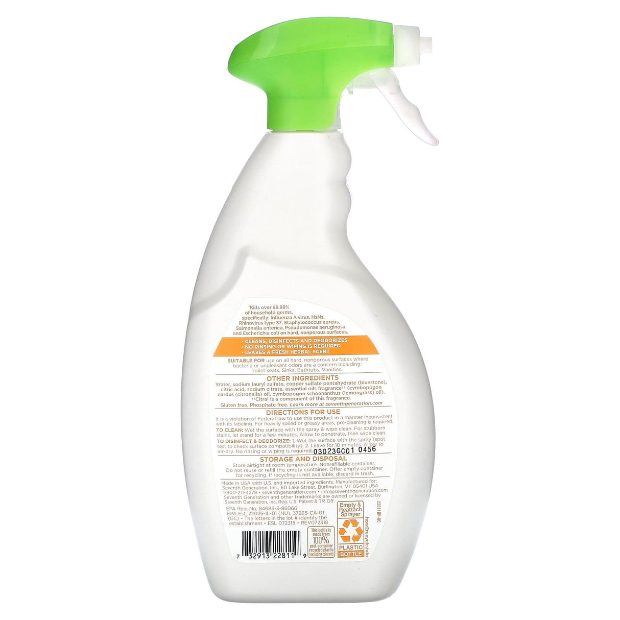 Seventh Generation, Disinfecting Bathroom Cleaner, Lemongrass Citrus, 26 fl oz (768 ml) - Supply Center USA