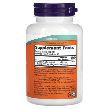 NOW Foods, Magnesium Citrate, 200 mg, 100 Tablets - Supply Center USA