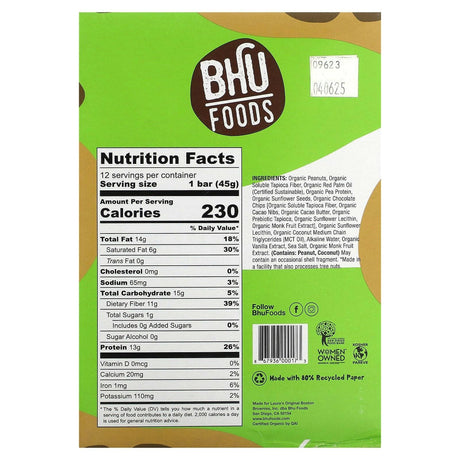 BHU Foods, Vegan Protein Bar, Peanut Butter + Chocolate Chip, 12 Bars, 1.6 oz (45 g) Each - Supply Center USA